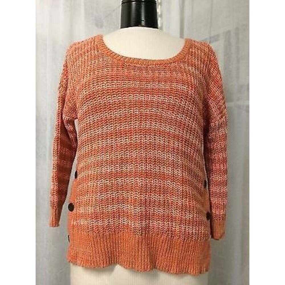 Lucky Brand Women's Sweater Orange Striped Knit 3/4 Sleeve Sweater Size Medium